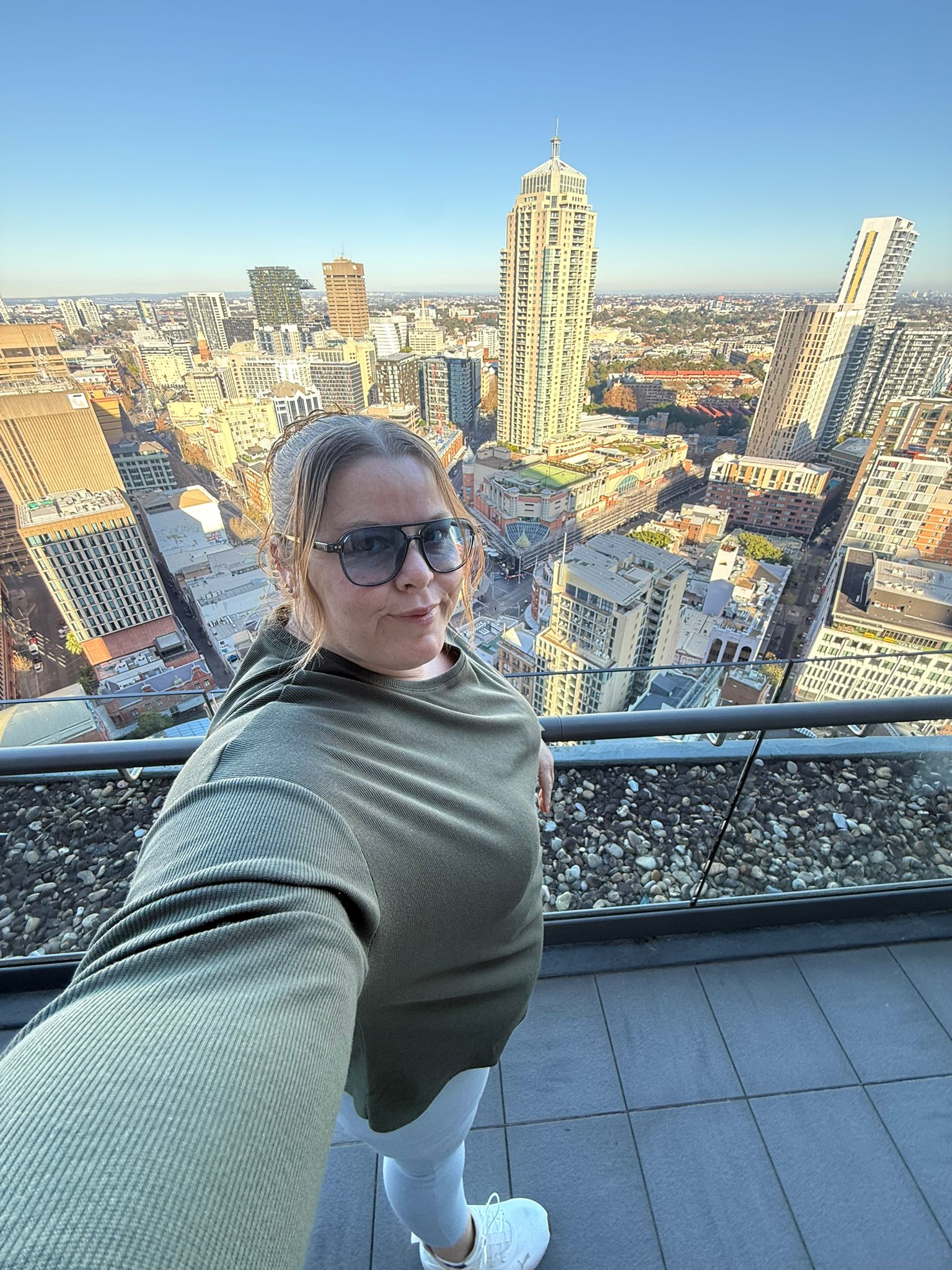 Rhian Knaggs overlooking a city skyline
